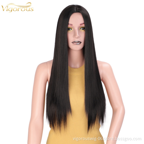 Black Synthetic Straight Long Wavy Hair Wig Middle Part Heat Resistant Fiber No Lace Wig for Women Natural Looking High Quality